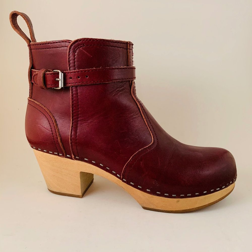 Swedish Hasbeen Bordeaux Jodhpur Clog Booties